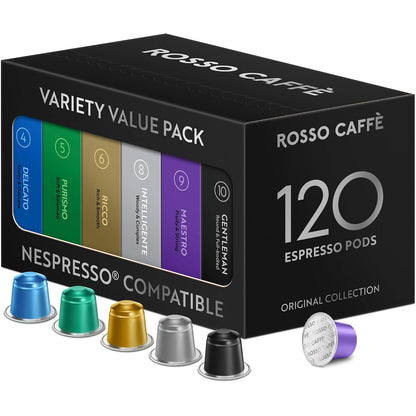 120 Espresso Coffee Pods for Nespresso Original Machines, Premium Capsules, Variety Value Pack 6 Flavors, Rich Breakfast to Intense Roasts