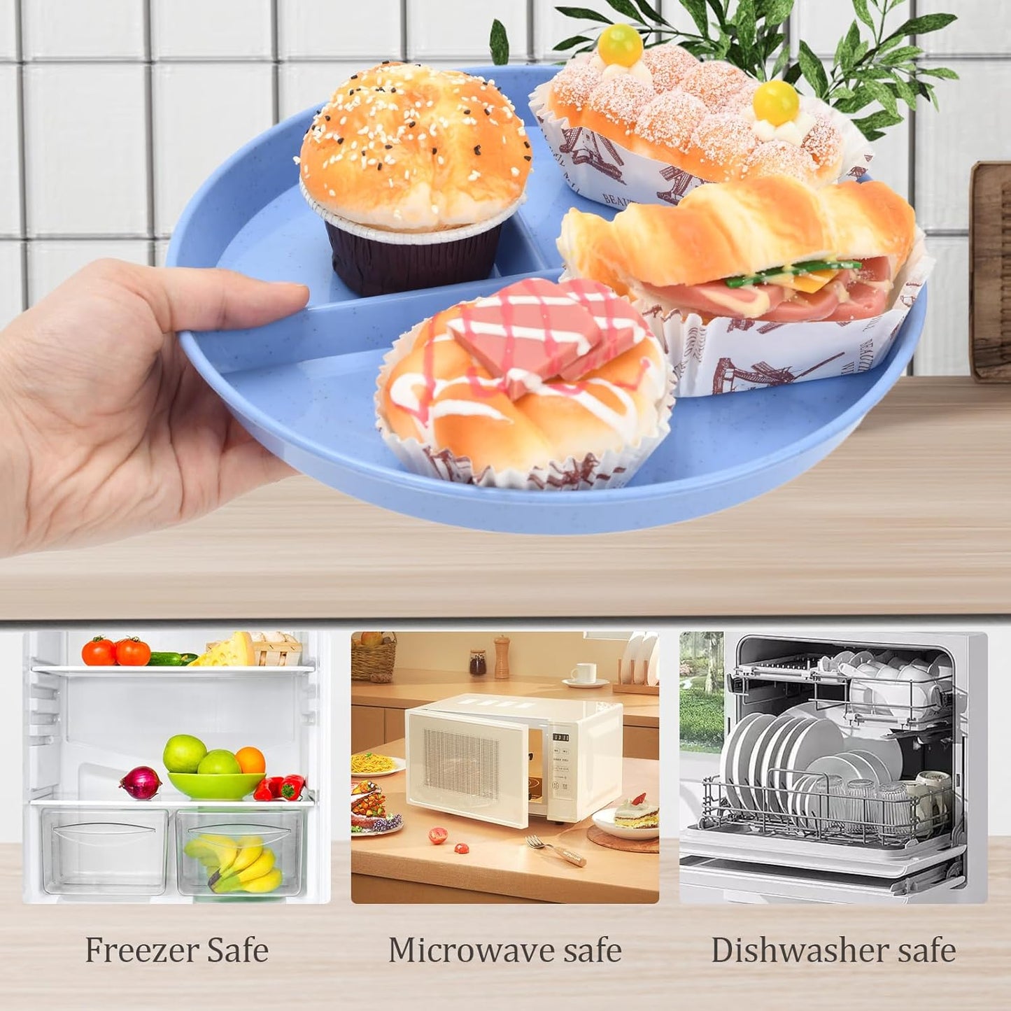 9-Inch Unbreakable Divided Plates, 8-Pack Microwave & Dishwasher Safe Wheat Straw Plates, Bpa-Free, 3-Compartment Portion Control Plates, Durable Dinnerware