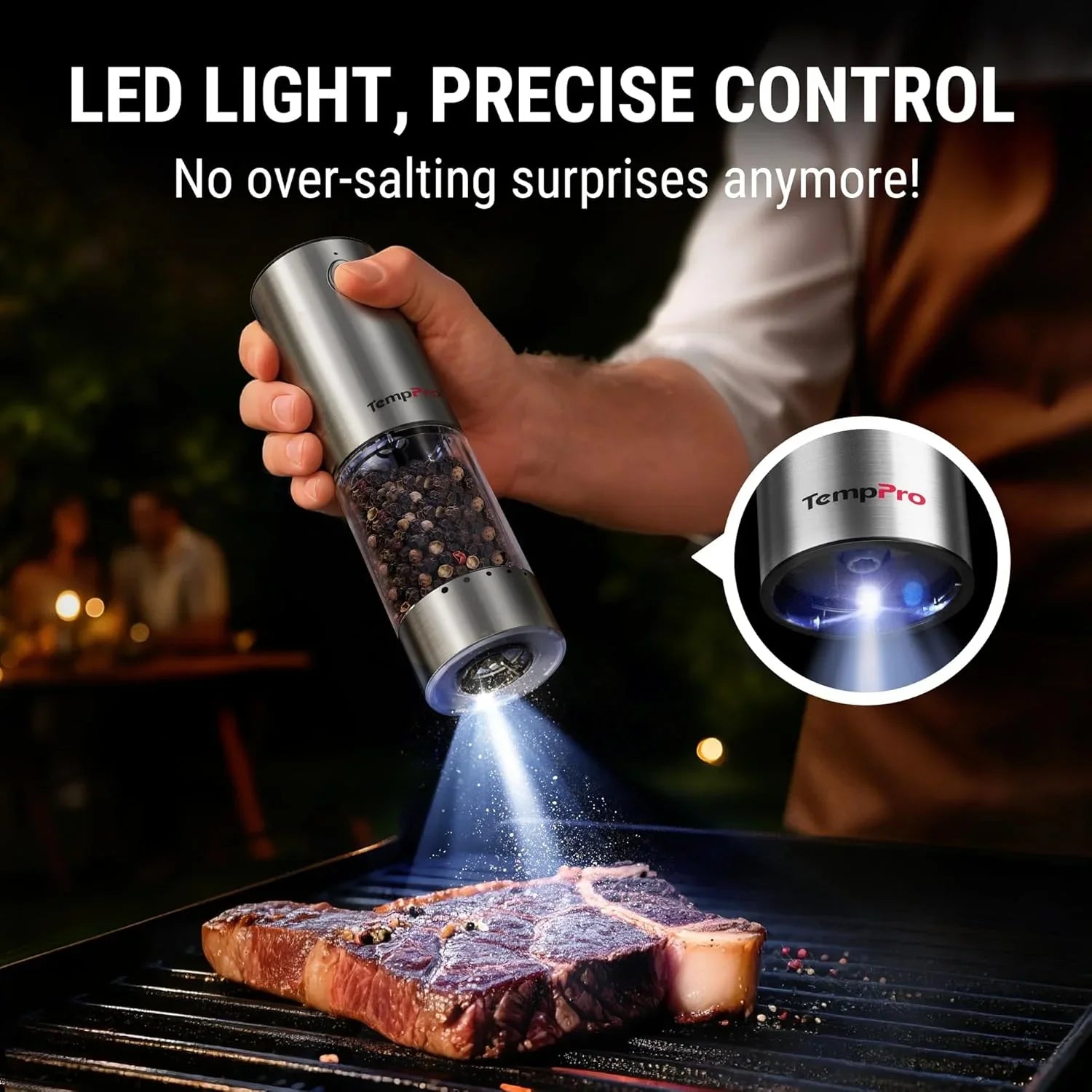 100Ml Electric Salt and Pepper Grinder Set Rechargeable, Automatic Pepper Grinder Shakers with External Adjustment, Refillable Pepper Mill Set with Cover & LED, 2-Pack(Previously Thermopro)