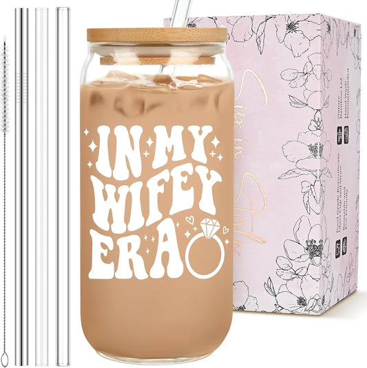 Bridal Shower Gift - Cute Cool Wedding Day Idea for Bride to Be, Future Mrs, Bachelorette - in My Wifey Era Glass Cup Tumbler