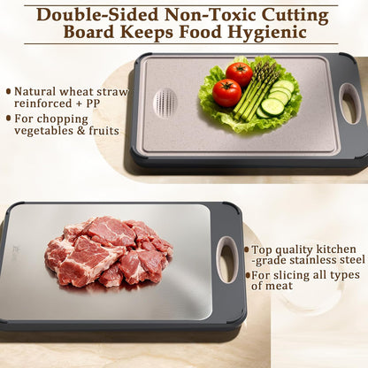 Cutting Board for Kitchen, Stainless Steel Cutting Board Double Sided for Chopping Meat/Vegetables, Stainless Steel/Wheat Straw PP, Kitchen Gifts Easy to Clean Large 16”×11”