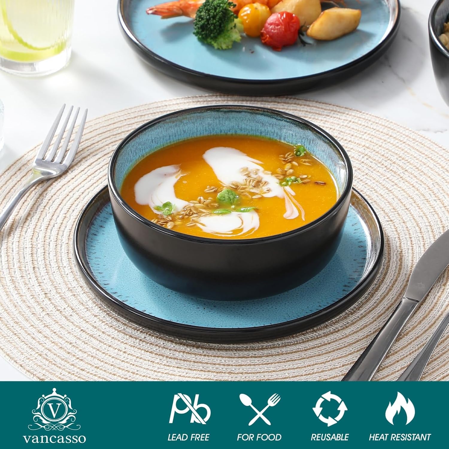 Plates and Bowls Sets, 18 Pieces Stoneware Dinnerware Sets for 6, Kitchen Dish Set Mircowave and Dishwasher Safe Ceramic Dishware, Blue, Series AMBER