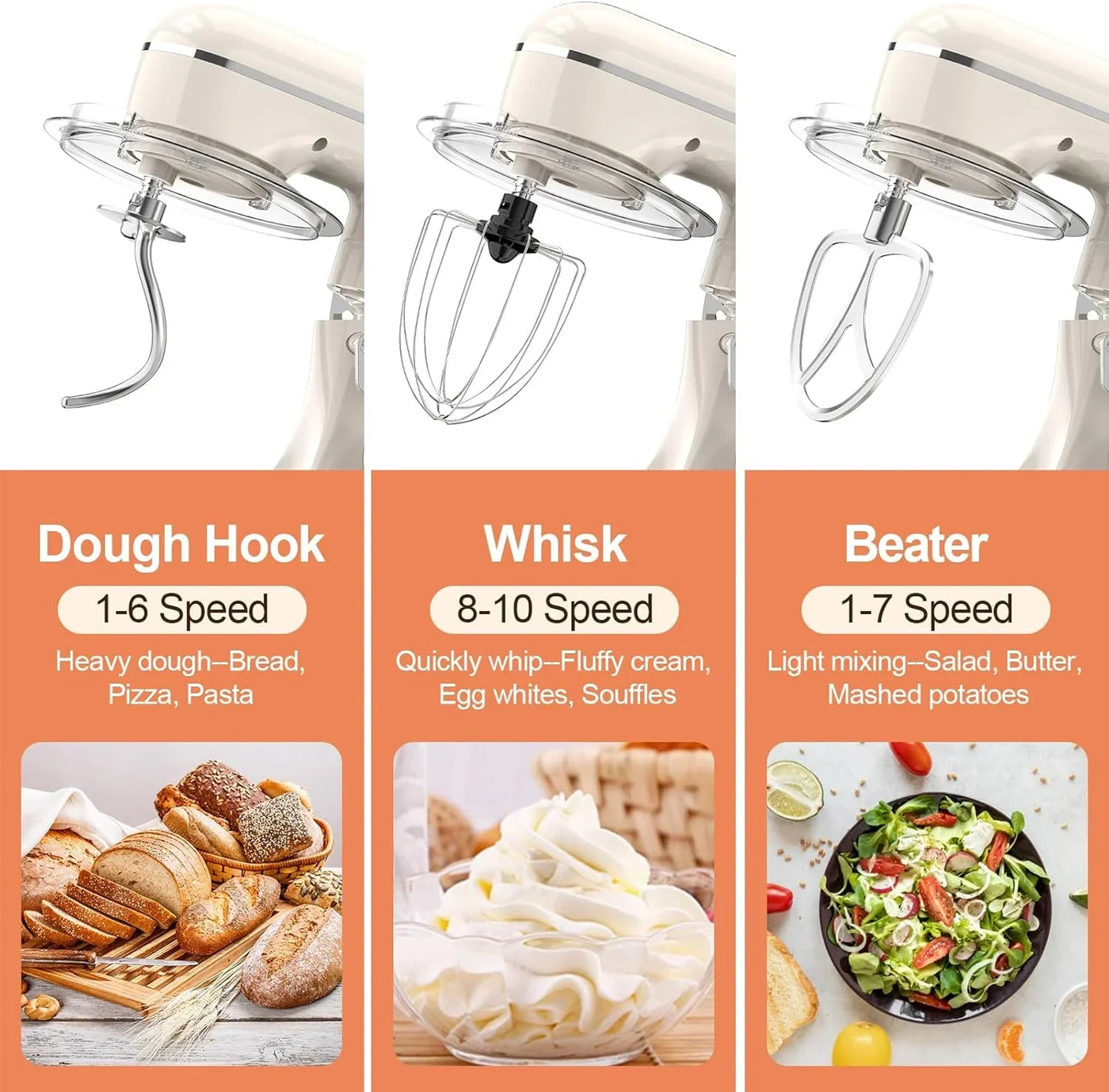 3-IN-1 Electric Stand Mixer, 6.5QT Bowl 660W 10-Speed Kitchen Mixer, Household Food Mixers Include Dough Hook, Beater and Whisk, Bread Cake Mixer for Baking and Most Home Cooks, Almond Cream
