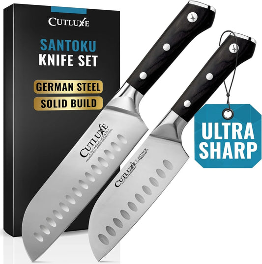 Santoku Knife Set – 7" Chopping Knife and 5" Vegetable Knife – Multipurpose Kitchen Knives – High Carbon German Steel, Full Tang & Ergonomic Handle Design – Artisan Series