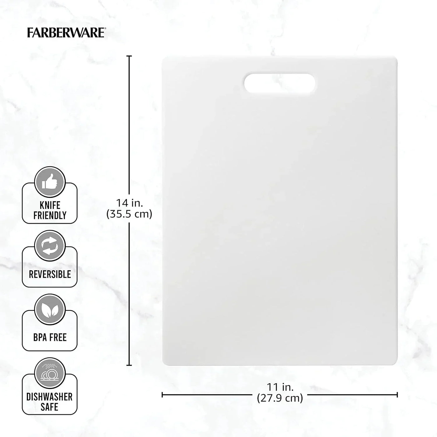 White Farberware cutting board, 14x11 inches, knife-friendly, reversible, BPA-free, dishwasher safe for kitchen prep