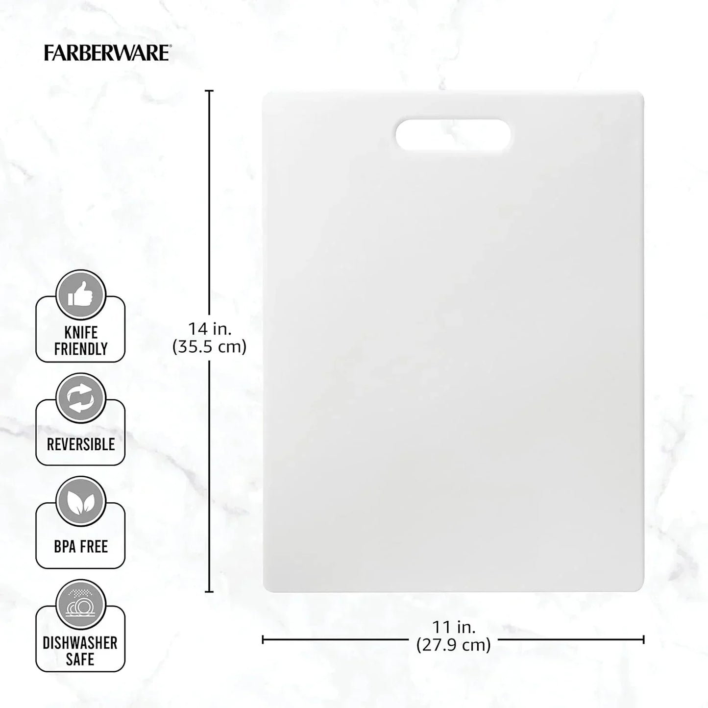 White Farberware cutting board, 14x11 inches, knife-friendly, reversible, BPA-free, dishwasher safe for kitchen prep