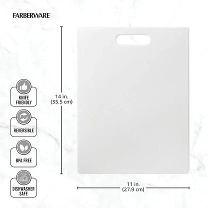 White Farberware cutting board, 14x11 inches, knife-friendly, reversible, BPA-free, dishwasher safe for kitchen prep