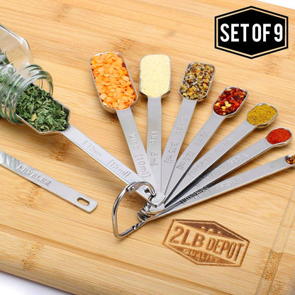 9Pc Stainless Steel Measuring Spoon Set with Leveler - Durable and Rust-Proof - Chrome-Plated, Narrow Rectangular Spoons with Long Handles - Accurate Measurements