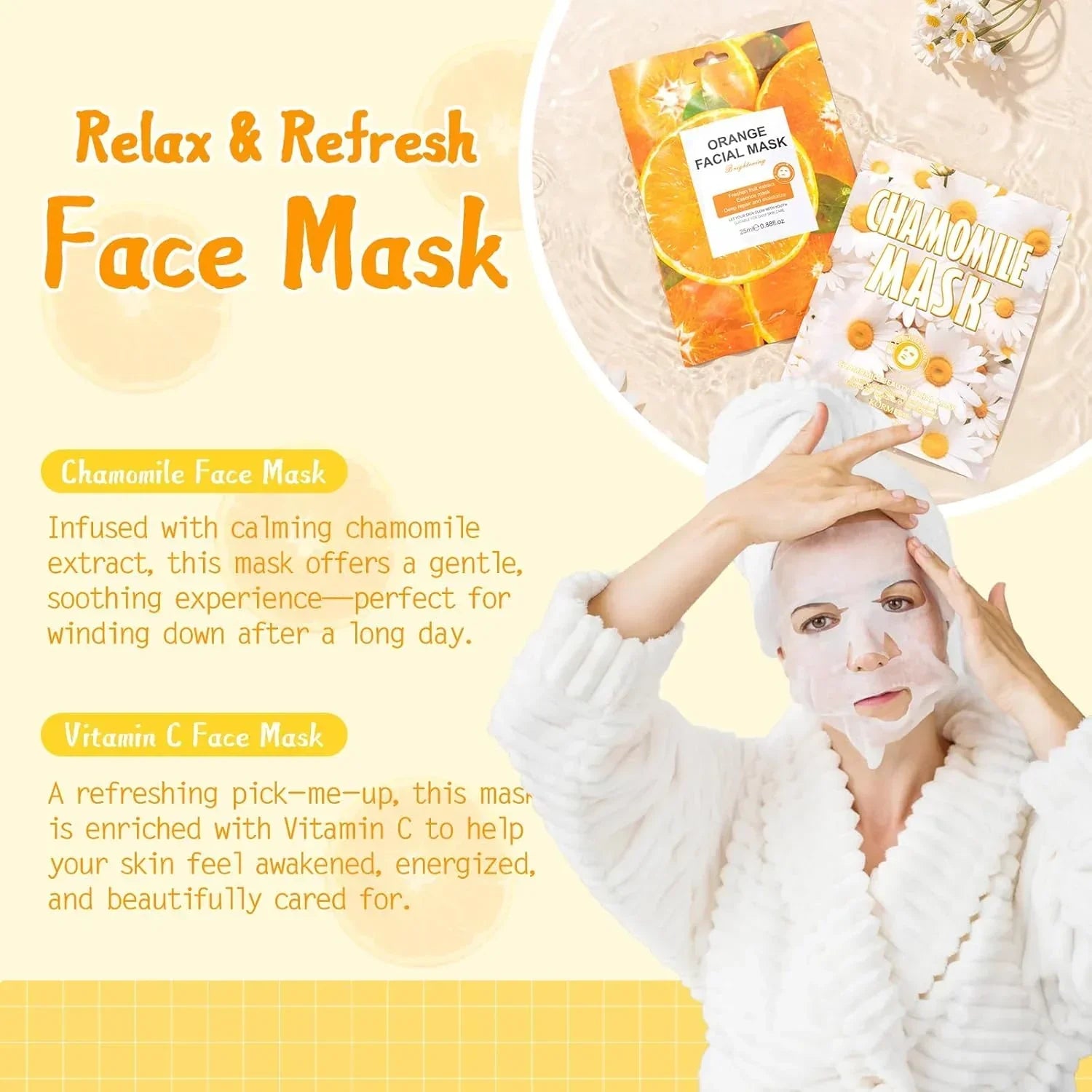 Woman applying chamomile and orange face masks for relaxing skincare routine