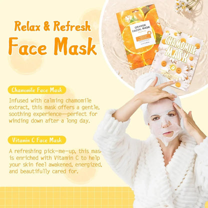 Woman applying chamomile and orange face masks for relaxing skincare routine