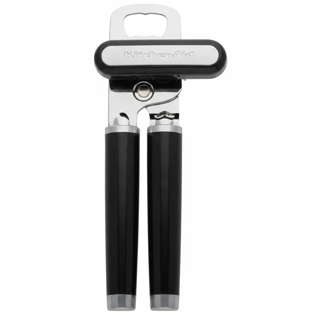 KitchenAid can opener with black handles and stainless steel body, sleek kitchen tool for easy can opening