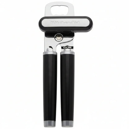 KitchenAid can opener with black handles and stainless steel body, sleek kitchen tool for easy can opening