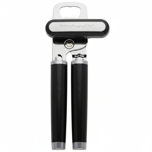 KitchenAid can opener with black handles and stainless steel body, sleek kitchen tool for easy can opening