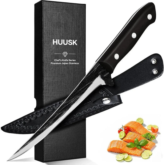 Fish Fillet Knife with Sheath - Hand Forged 7 Inch Boning Knives for Meat Trimming, Japanese Brisket Trimming Knives with Wooden Handle for Outdoor Camping, Christmas Gift for Men and Women