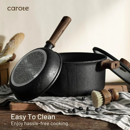 Black nonstick cookware set with wooden handles, easy to clean for hassle-free cooking