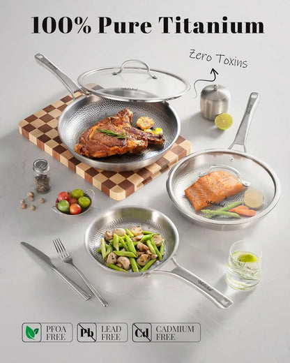 Pure titanium cookware set with steak, salmon, and veggies, non-toxic and PFOA-free for healthy cooking