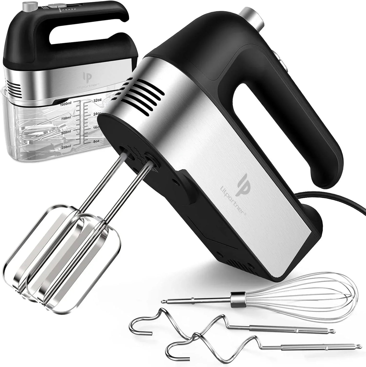 Hand Mixer Electric, 450W Kitchen Mixers with Scale Cup Storage Case, Turbo Boost/Self-Control Speed + 5 Speed + Eject Button + 5 Stainless Steel Accessories, for Easy Whipping Dough, Cream, Black