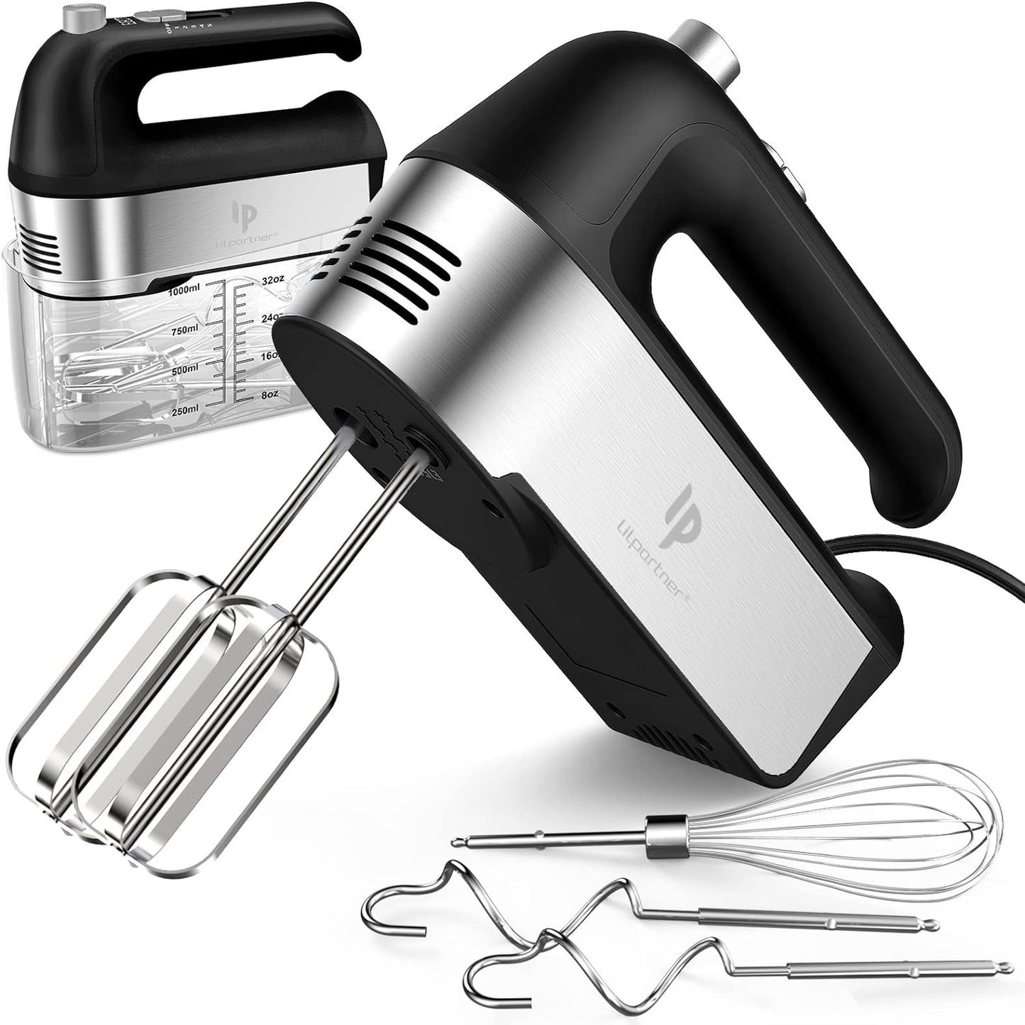 Hand Mixer Electric, 450W Kitchen Mixers with Scale Cup Storage Case, Turbo Boost/Self-Control Speed + 5 Speed + Eject Button + 5 Stainless Steel Accessories, for Easy Whipping Dough, Cream, Black