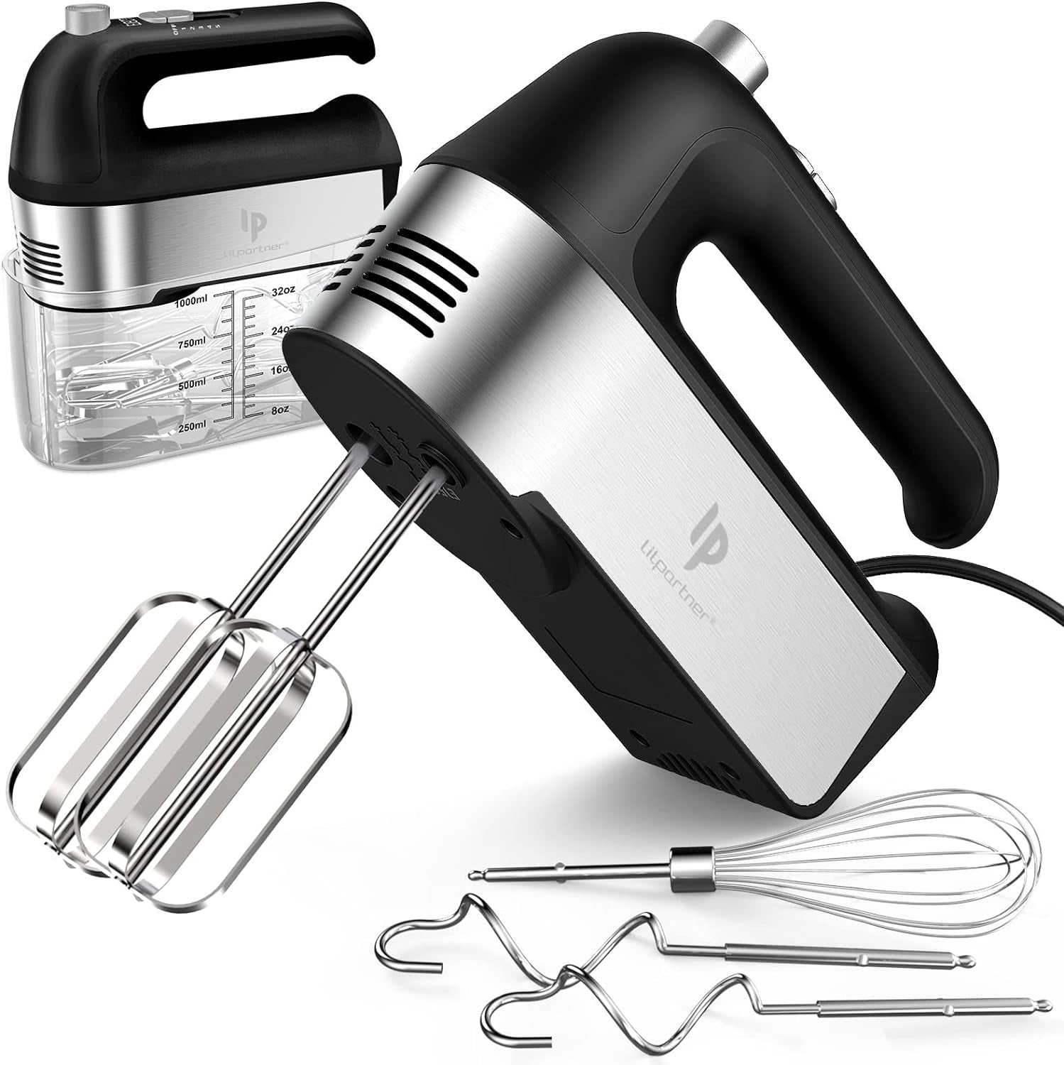 Hand Mixer Electric, 450W Kitchen Mixers with Scale Cup Storage Case, Turbo Boost/Self-Control Speed + 5 Speed + Eject Button + 5 Stainless Steel Accessories, for Easy Whipping Dough, Cream, Black