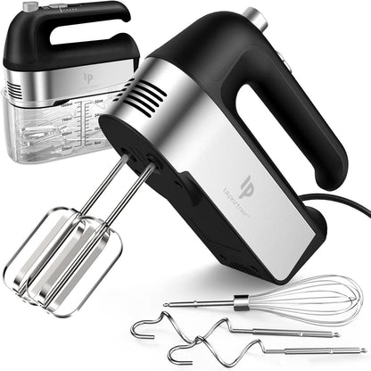 Hand Mixer Electric, 450W Kitchen Mixers with Scale Cup Storage Case, Turbo Boost/Self-Control Speed + 5 Speed + Eject Button + 5 Stainless Steel Accessories, for Easy Whipping Dough, Cream, Black