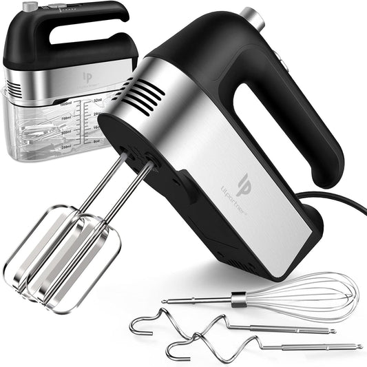 Hand Mixer Electric, 450W Kitchen Mixers with Scale Cup Storage Case, Turbo Boost/Self-Control Speed + 5 Speed + Eject Button + 5 Stainless Steel Accessories, for Easy Whipping Dough, Cream, Black
