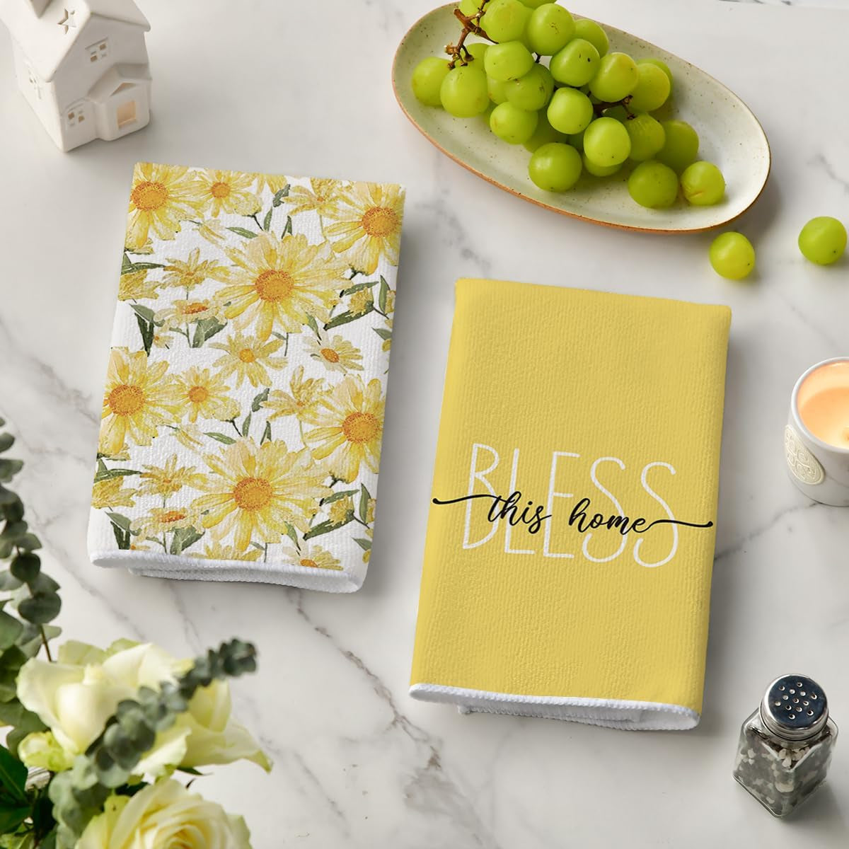 Yellow Hello Sunshine Daisy Bless This Home Spring Kitchen Towels Dish Towels, 18X26 Inch Seasonal Summer Decoration Hand Towels Set of 4
