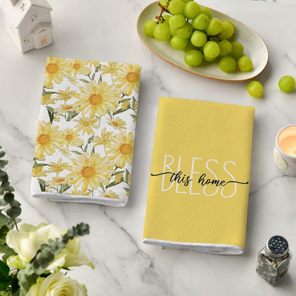 Yellow Hello Sunshine Daisy Bless This Home Spring Kitchen Towels Dish Towels, 18X26 Inch Seasonal Summer Decoration Hand Towels Set of 4