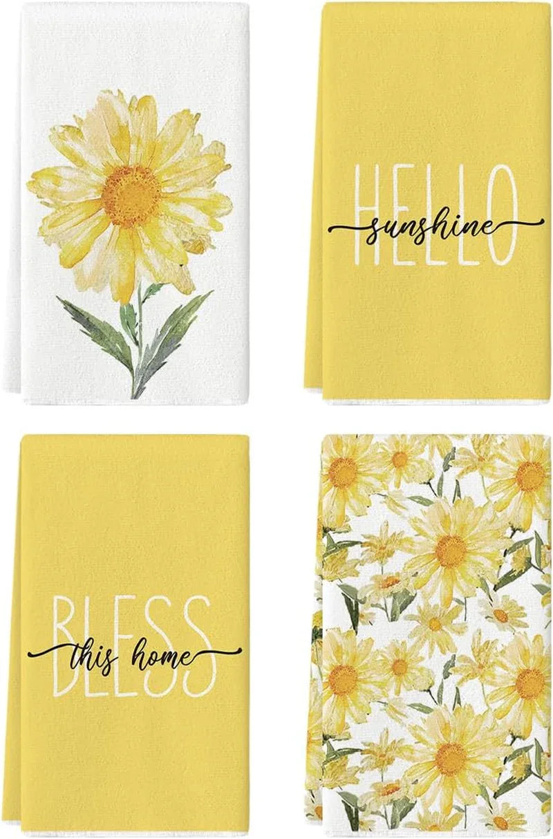 Yellow Hello Sunshine Daisy Bless This Home Spring Kitchen Towels Dish Towels, 18X26 Inch Seasonal Summer Decoration Hand Towels Set of 4