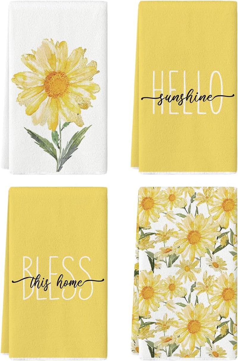 Yellow Hello Sunshine Daisy Bless This Home Spring Kitchen Towels Dish Towels, 18X26 Inch Seasonal Summer Decoration Hand Towels Set of 4