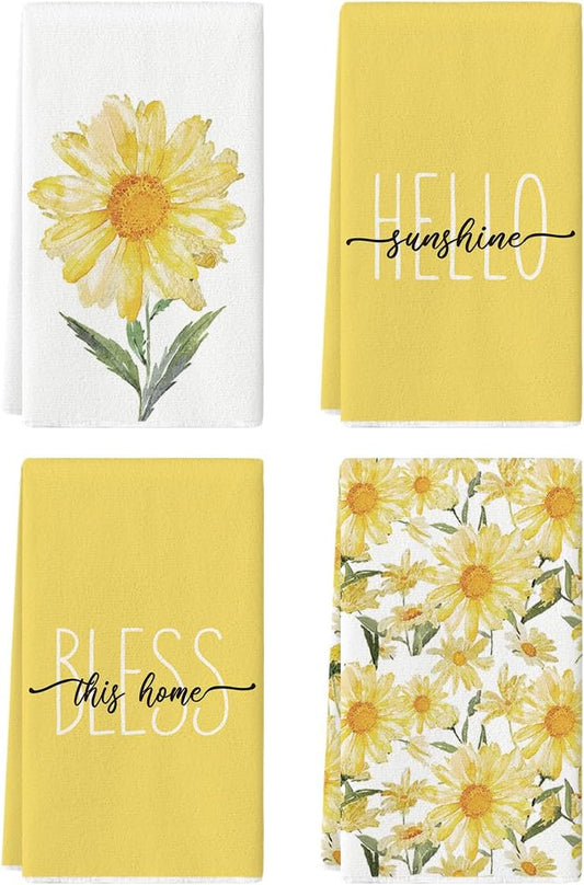 Yellow Hello Sunshine Daisy Bless This Home Spring Kitchen Towels Dish Towels, 18X26 Inch Seasonal Summer Decoration Hand Towels Set of 4