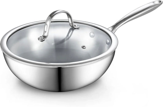 Multi-Ply Clad Stainless Steel Wok Stir Fry Pan, 10.5 Inch Induction Wok with Lid, Flat Bottom Wok, Silver