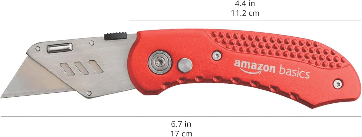 Folding Utility Knife Box Cutter with Back-Lock Mechanism, Portable Lightweight Aluminum Handle, Red