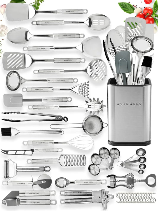 54-Piece Stainless Steel Kitchen Utensils Set - Heat-Resistant Nonstick Silicone & Stainless Steel Cooking Utensils - Complete Tools with Slotted Spoon & Pasta Spoon - Pack of 54, Silver