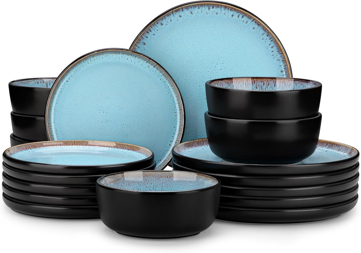 Plates and Bowls Sets, 18 Pieces Stoneware Dinnerware Sets for 6, Kitchen Dish Set Mircowave and Dishwasher Safe Ceramic Dishware, Blue, Series AMBER