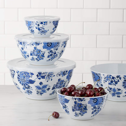 Nesting Melamine Mixing Bowls with Lids and Non-Slip Base, Dishwasher Safe, Space Saving, 5 Sizes, Blue and White Floral, Set of 10