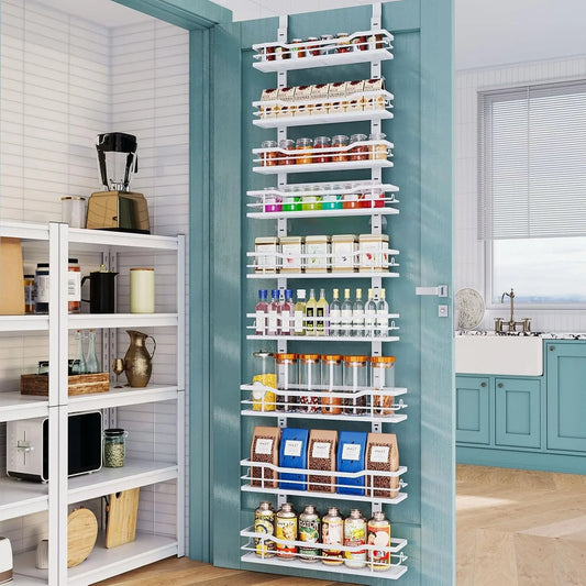 Over the Door Pantry Organizer，9-Tier over the Door Organizer with Adjustable Basket，Metal Hanging Pantry Organizers and Storage for Kitchen, Back of Door Seasoning Rack
