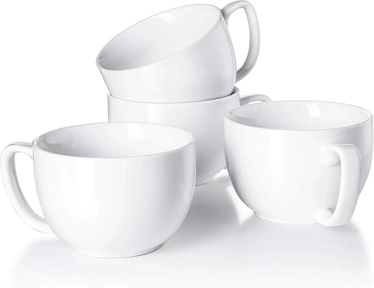 16Oz Large Coffee Mugs Set of 4 - Thick White Porcelain Cups for Cappuccino, Latte, Tea & Hot Chocolate - Dishwasher Safe Ceramic with Comfort Grip Handles