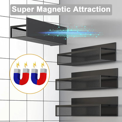 Magnetic Spice Rack for Refrigerator, 4 Pack Magnetic Shelf, Fridge Magnet Organizer with Moveable 8 Hooks, Magnetic Fridge Shelf for Kitchen Organization and Storage (4 Pack)