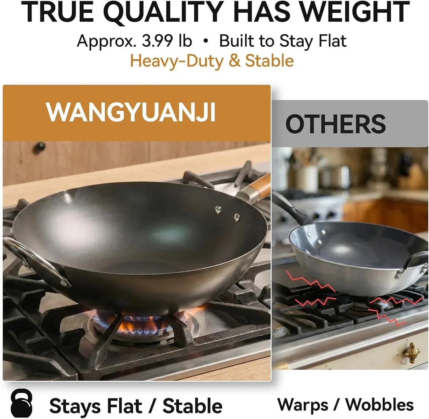 Heavy-duty wok stays flat on gas stove, unlike warped competitor pans — stable, 3.99 lb cookware