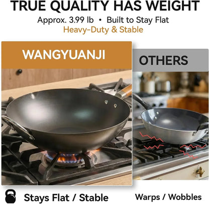 Heavy-duty wok stays flat on gas stove, unlike warped competitor pans — stable, 3.99 lb cookware