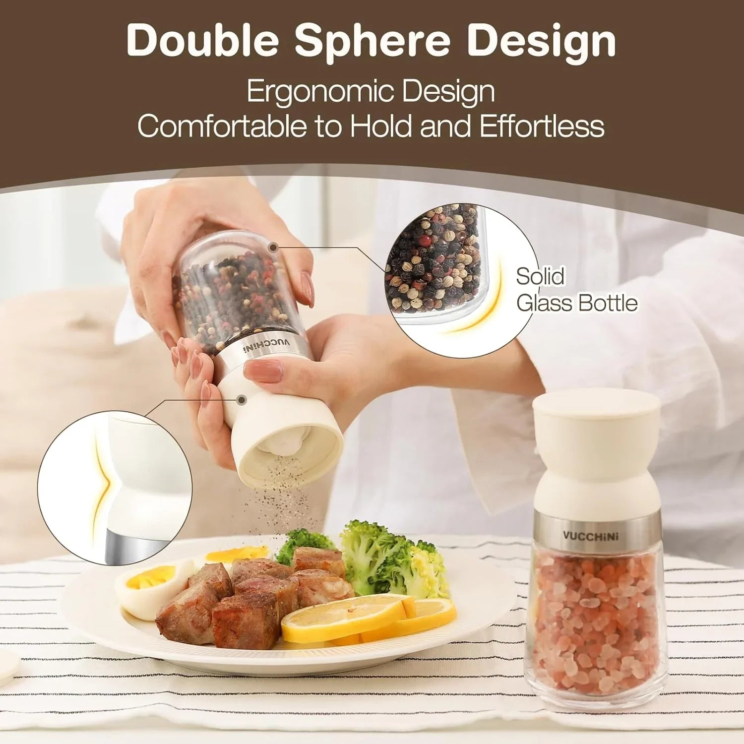 Salt and Pepper Grinder Set with Adjustable Coarseness Ceramic Pepper Mill Manual Effortless Salt Grinder Spice Grinder for Home, Kitchen, Beige