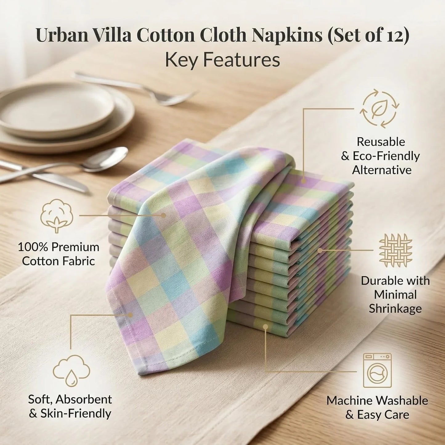 Cloth Napkins Set of 12 20X20 Inches 100% Cotton Napkins Cloth Washable Soft Durable Reusable Absorbent Table Dinner Napkins Cloth for Easter Decorations Restaurant Weddings-Easter Checks