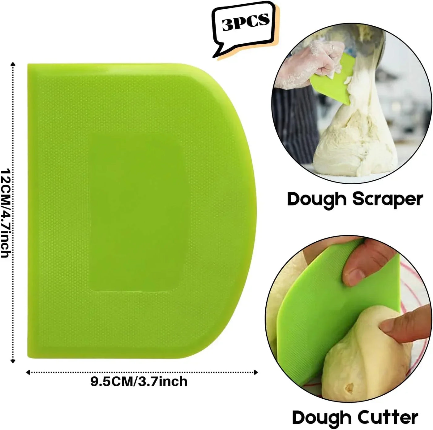 Green silicone dough scraper and cutter set, 3 pcs for baking and kitchen prep, non-stick dough tool