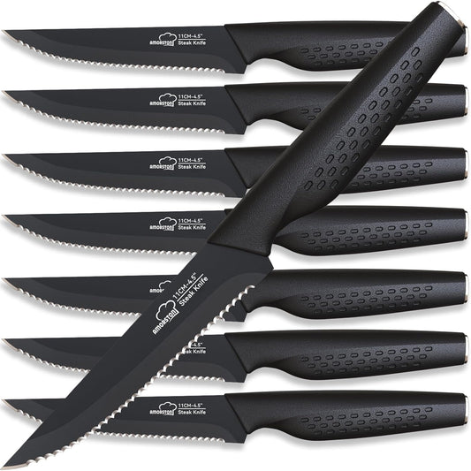 Steak Knives, Steak Knives Set of 8, Stainless Steel Steak Knife Set, Serrated Knives Dishwasher Safe, Elegant Black