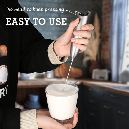 Milk Frother Handheld Electric Foam Maker, Drink Mixer with Stainless Steel Whisk for Cappuccino, Bulletproof Coffee, Latte, Gray, with Stand, Battery Operated