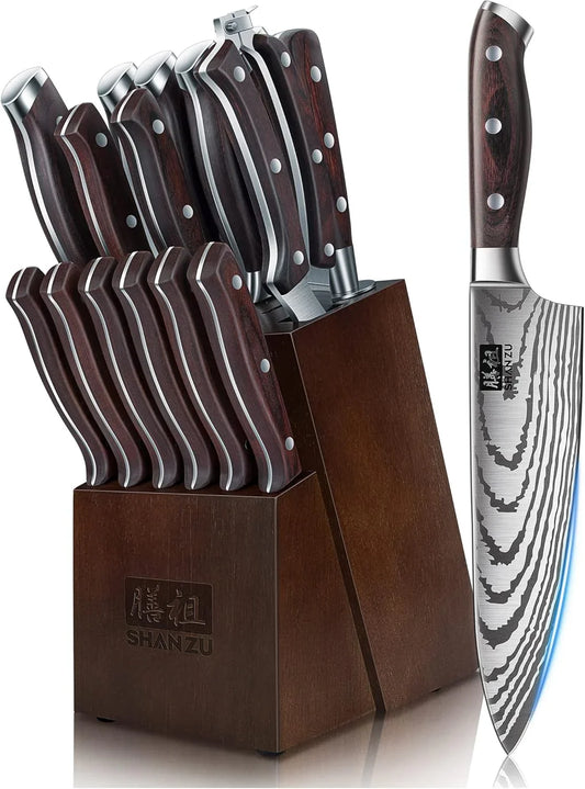Knife Set 16 Pcs, Japanese Kitchen Knife with Block High Carbon Stainless Steel Ultra Sharp Knife for Kitchen, Professional Chef Knife Set with Sharpener