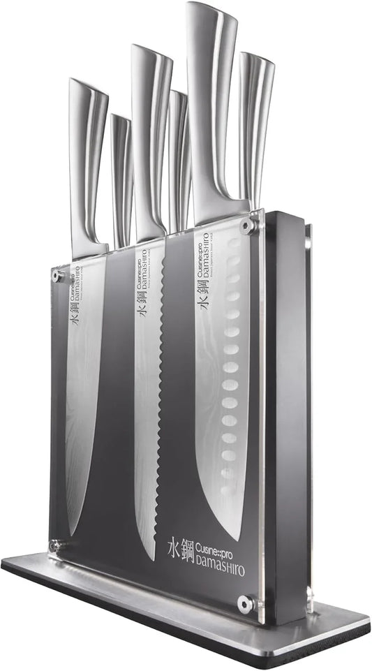 Damashiro Knife Block (Kumi, 7-Piece Chef Knife Set) - Japanese Steel Knife - Magnetic Knife Block- Damascus-Inspired Blade Kitchen Knives