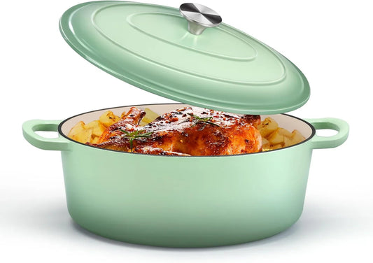 Oval Dutch Oven with Lid, Enameled Cast Dutch Oven Pot for Bread Baking, Braising, Stewing, Roasting, Non-Stick & Oven Safe, Dual Handles & Easy Clean, 5QT & Pistachio Green, Valentine'S Day