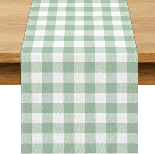 Sage Green Gingham Party Table Runner Green and White Checkered Plaid Decorations for Birthday Bridal Baby Shower Home Dining Kitchen Island Decor (13" X 72")