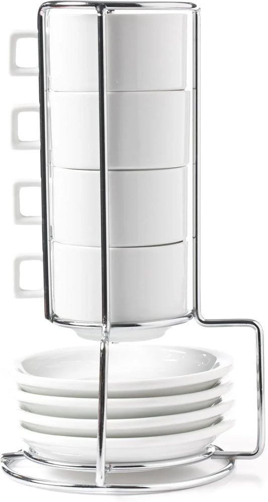 Stack-Able Porcelain 3.2 OZ Espresso Turkish Coffee Cups and Saucer Set with Chrome Rack (9 Piece Set) (1)